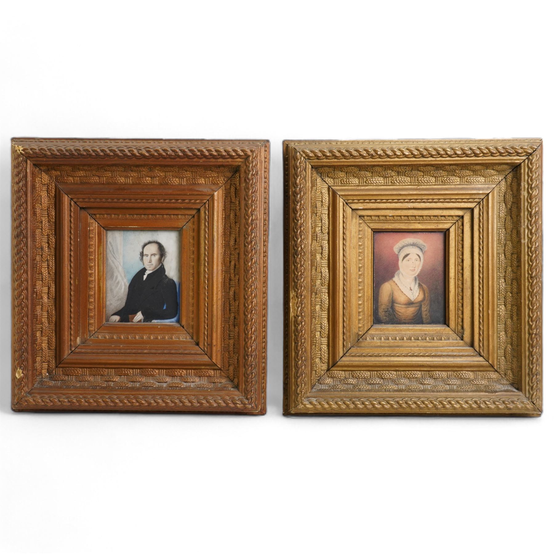 English School (early 19th century): Portrait of a Gentleman and Lady, miniature watercolour on ivory and miniature watercolour on paper, respectively, unsigned 10cm x 8cm (2) This item has been registered for sale under Section 10 of the APHA Ivory Act