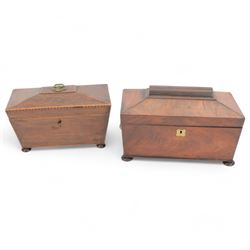 19th century tea caddy, of sarcophagus shape enclosing a mixing bowl flanked by two lidded...