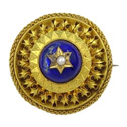 Victorian 18ct gold enamel and seed pearl hinged bangle and matching brooch, each star set with a seed pearl and blue enamel dome within a circular cannetille frame, each with a glazed panel verso, the hinged bangle with foliate engraved decoration, in fitted case