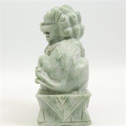 Pair of Chinese carved green stone temple lions, H17cm 