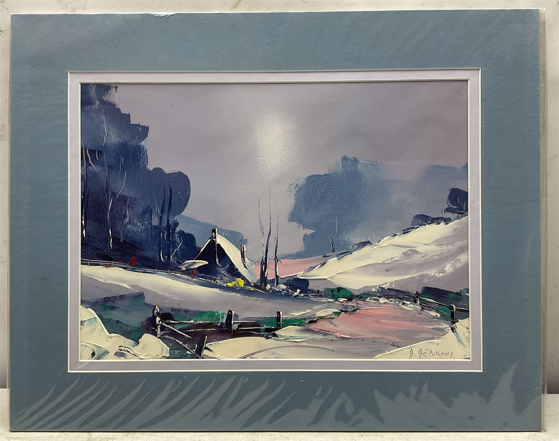 David Deakins (British 1944-): Alpine Snow Scene, oil on board signed 28cm x 39cm