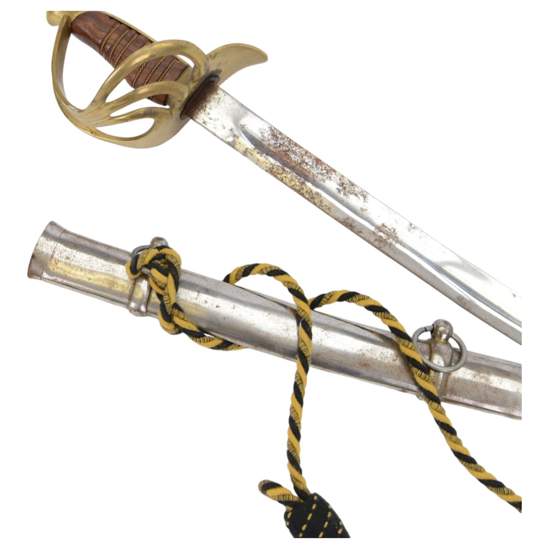 Replica cavalry officer's dress sword, pierced brass hilt and wire grip, in steel scabbard, L108cm