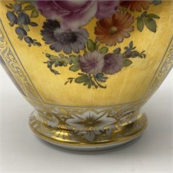 Pair of late 19th century Helena Wolfsohn vases and covers, each of baluster form with domed cover, painted with alternating panels of romantic scenes and floral sprays upon gilt ground, with Augustus Rex mark to base, H27cm