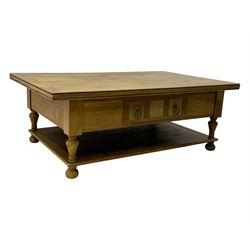 Barker & Stonehouse 'Flagstone' range mango wood coffee table, fluted rectangular top with marquetry inlay, over two drawers with turned supports connecting undertier, raised on bun feet 