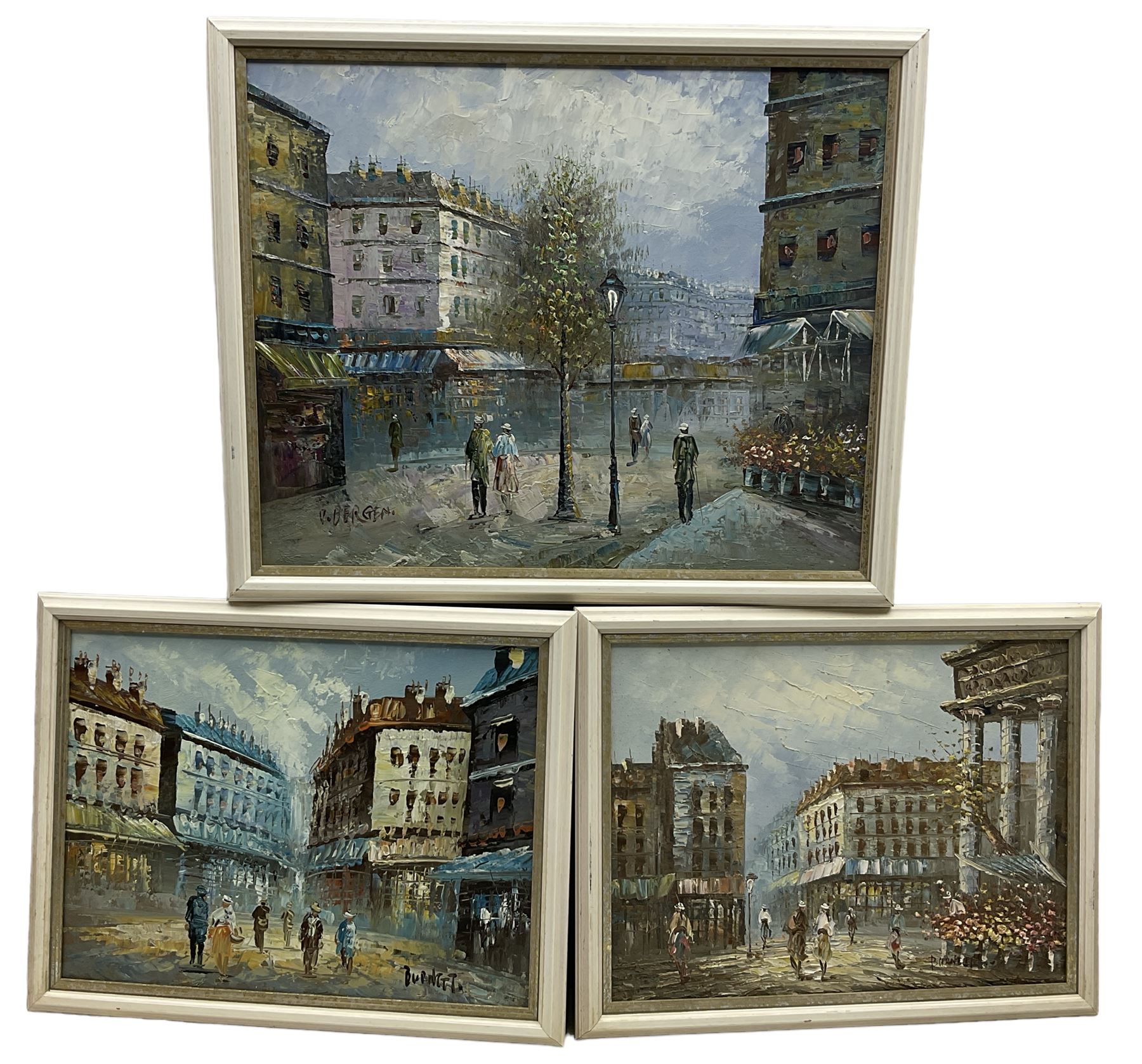 French School (20th century): Parisian Street Scenes, pair oils on canvas signed Burnett 29cm x 39cm and another larger signed V Bergen 39cm x 49cm (3)