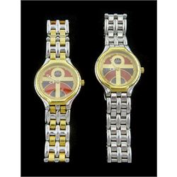 Omega two ladies gold and stainless steel quartz wristwatches, Egyptian Ankh dial and hands, both on integrated Omega bracelet straps, one gold and stainless steel, the other all stainless steel, with fold-over clasps