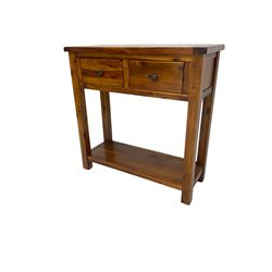 Hardwood side or hall table, rectangular top over two drawers, on square supports joined by undertier 