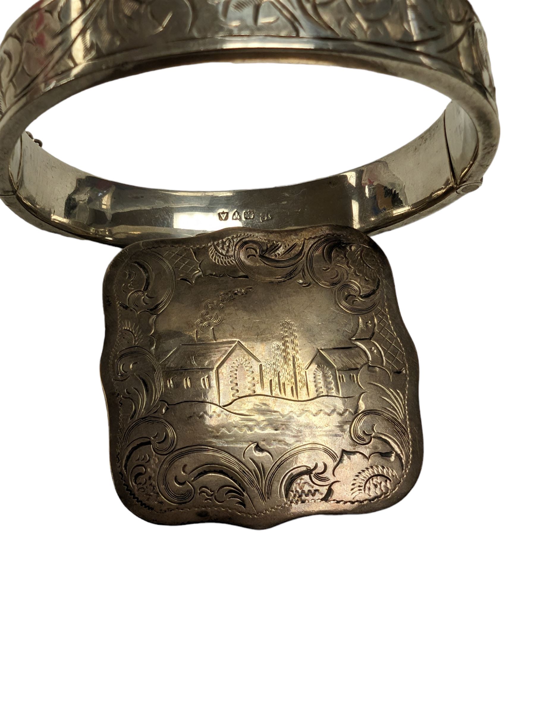 Silver box engraved with village scene, together with an engraved silver bangle, both hallmarked 