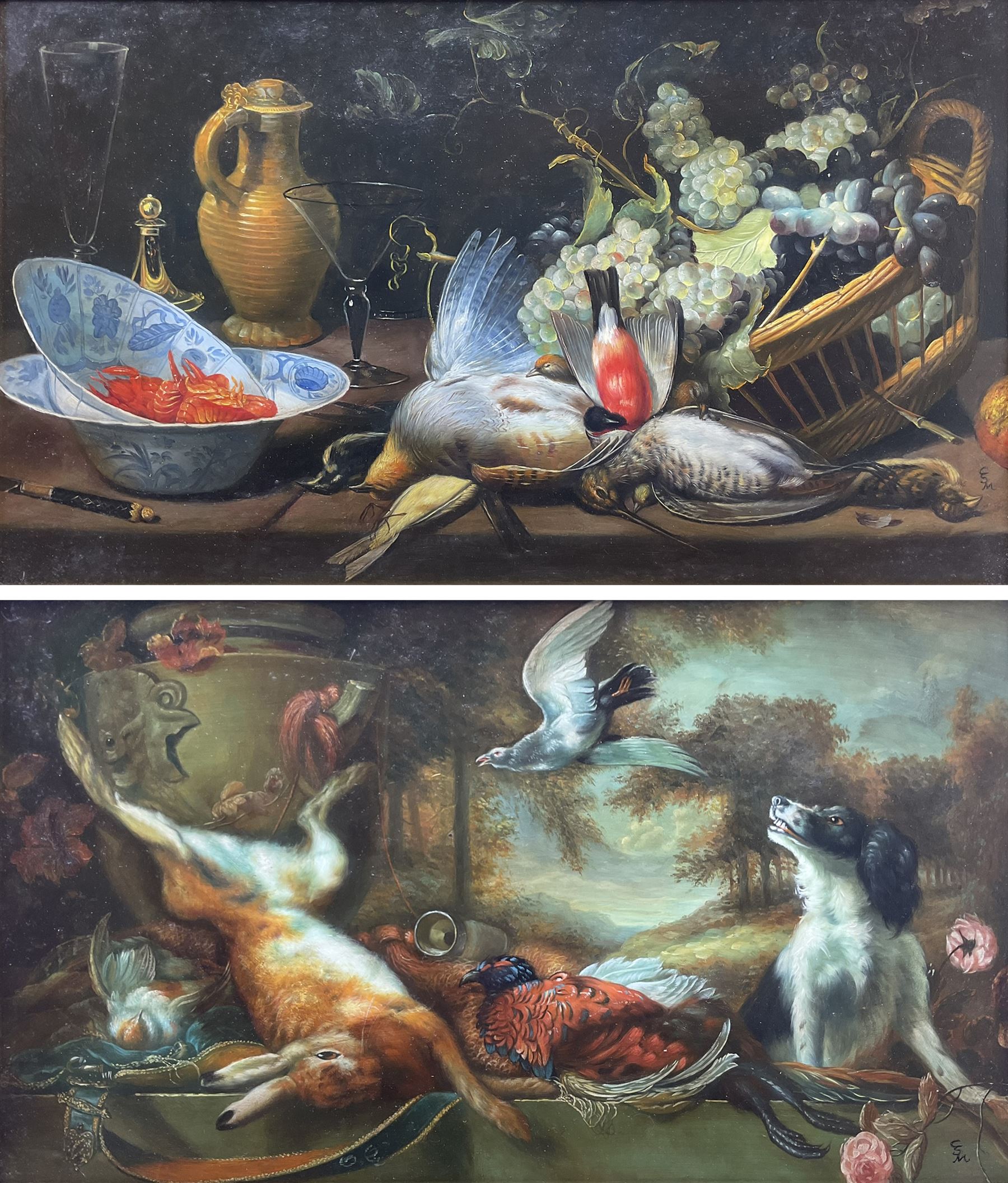 After Frans Snyders (Flemish 1579-1657): Still Life of Game, pair 20th century oils on panel signed with 'CSM' monogram 29cm x 49cm (2)