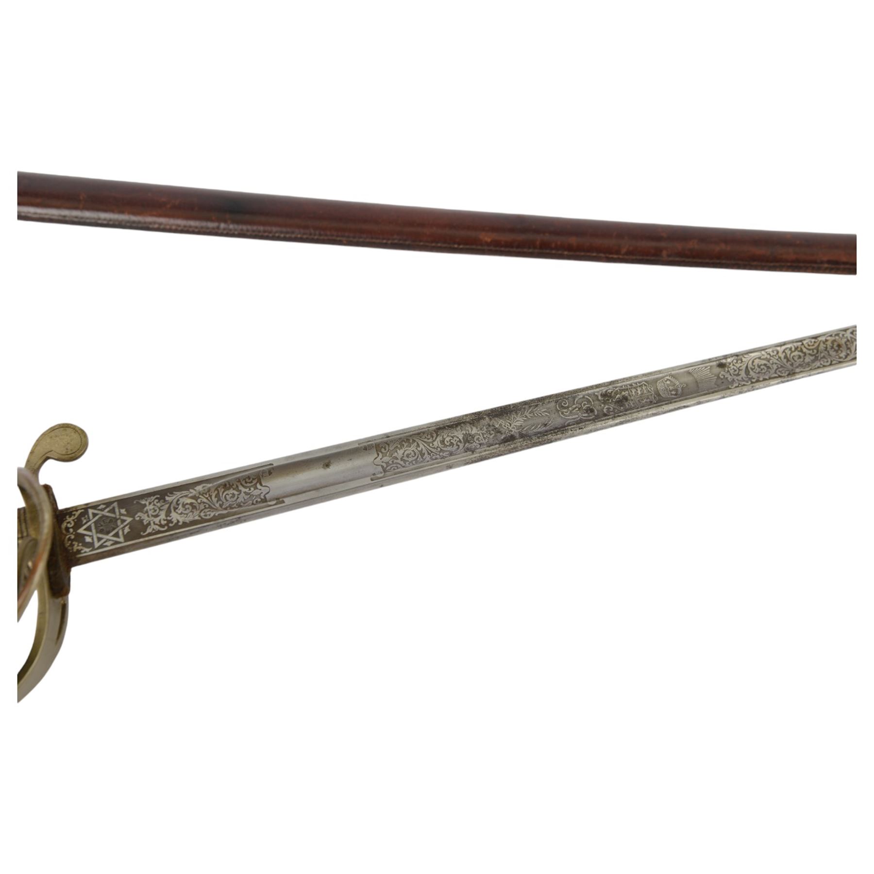 British Officer's Infantry sword, by Fenton Brothers Ltd of Sheffield, sword cutler to the War Office, the blade engraved with coats of arms, cipher, and foliate scrolls, wire bound leather grip, in a leather scabbard, blade length L82cm