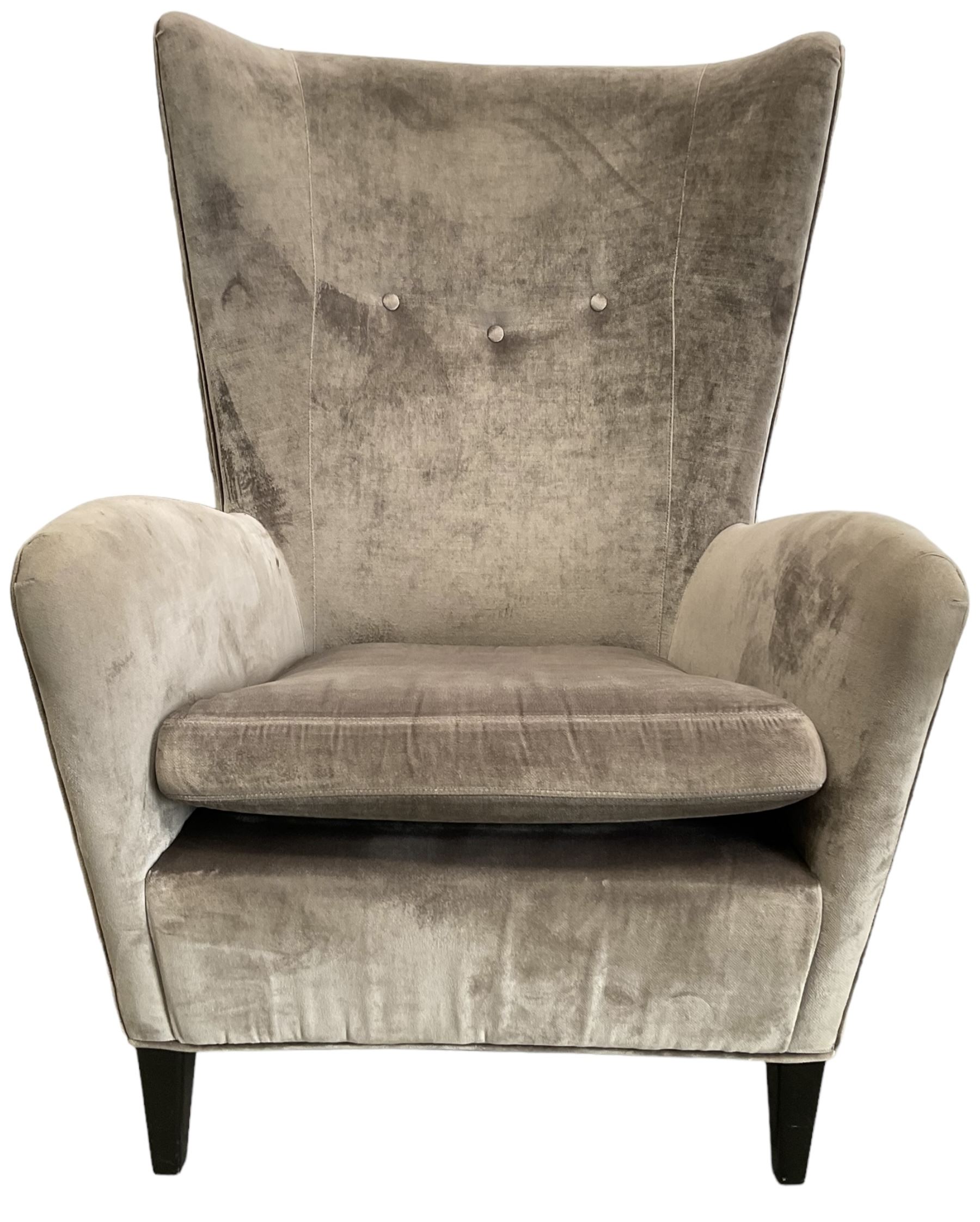 2 x Wing back armchair upholstered in silver crushed velvet fabric