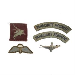 WWII Parachute Regiment insignias, comprising two shoulder titles, Pegasus formation badge...