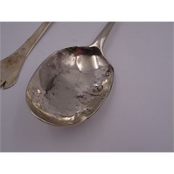 17th century silver trifid spoon, marks worn and indistinct, together with an Old English pattern silver spoon