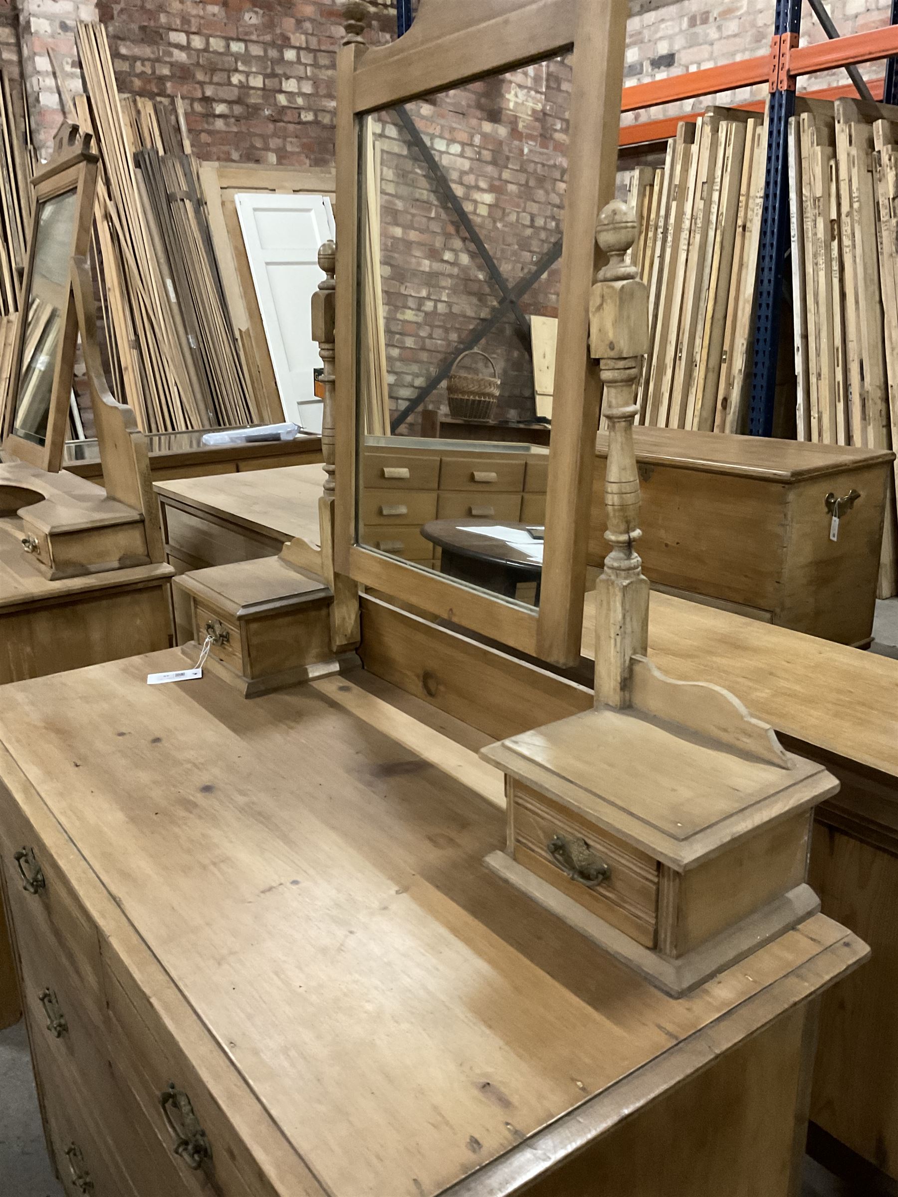 Edwardian pine dressing chest, raised back with rectangular swing mirror over trinket drawers, fitted with two short over two long drawers with Art Nouveau brass handles and carved rails - THIS LOT IS TO BE COLLECTED BY APPOINTMENT FROM THE OLD BUFFER DEPOT, MELBOURNE PLACE, SOWERBY, THIRSK, YO7 1QY