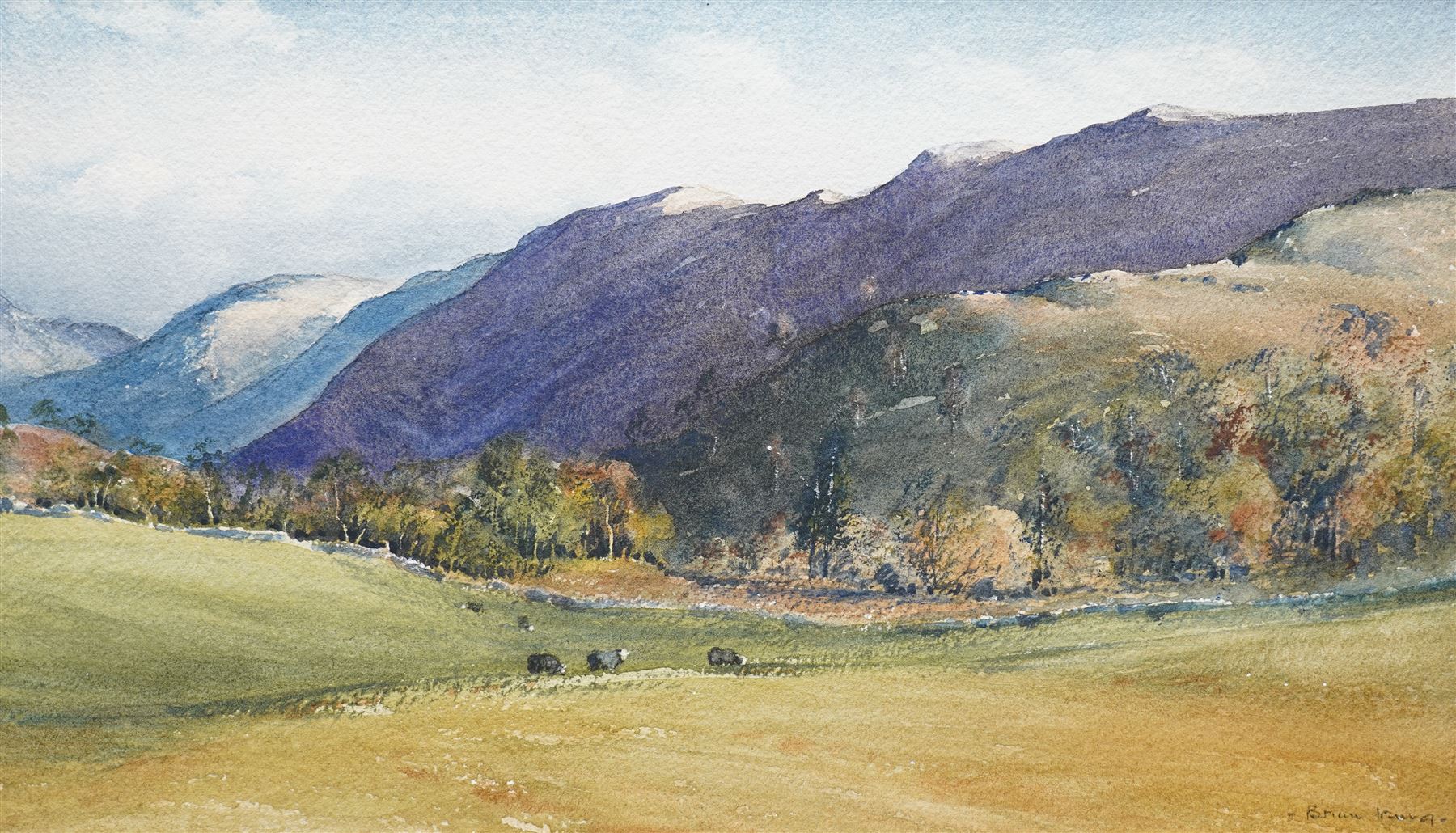 Brian Irving (British 1931-2013): Sheep Grazing in a Cumbrian Landscape, watercolour signed 26cm x 44cm