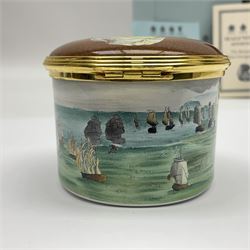 Halcyon Days bonbonniere, modelled as 'Vice-Admiral Lord Nelson', to mark the bicentenary of the British victory at the Battle of Trafalgar, together with another Halcyon Days enamel box depicting Lord Nelson, both boxed 