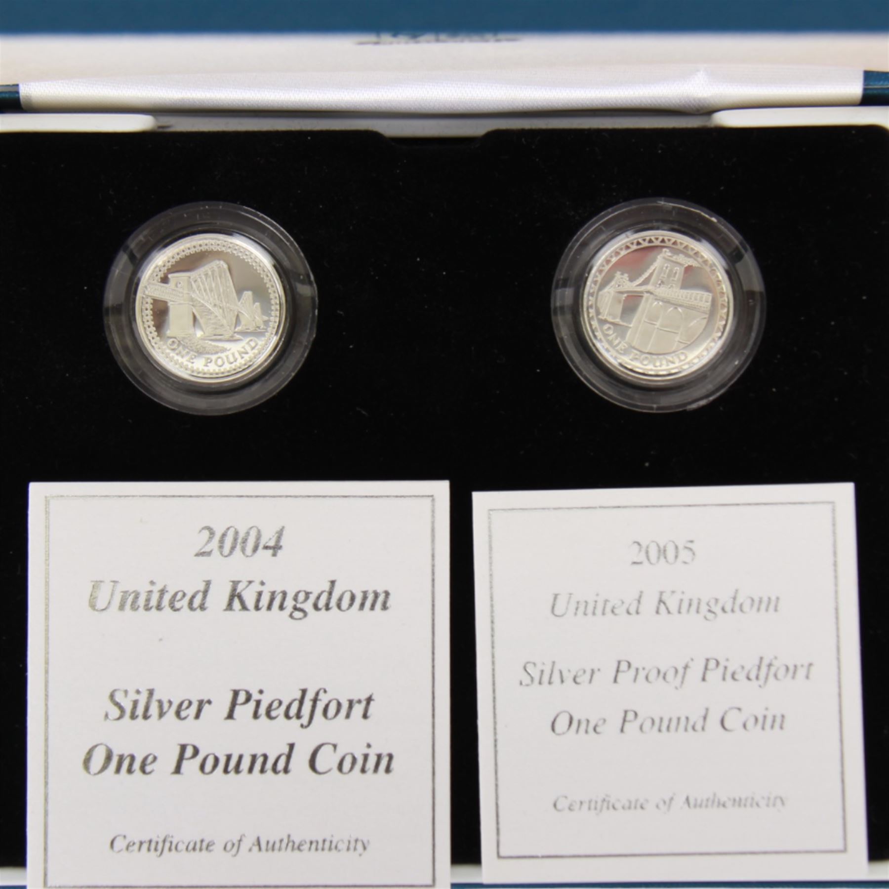 Fourteen The Royal Mint United Kingdom silver proof one pound coins, dated 1994, 1995, 1996, 1997, 1999, 1999 piedfort, 2000, 2000 piedfort, 2001, 2002, 2003, 2004, 2004 piedfort and 2005 piedfort, all with certificates, housed as sets or part sets in various cases