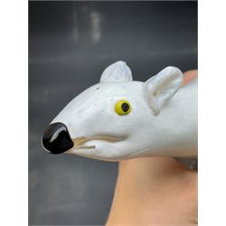 Milk glass decanter, modelled as a moon with a painted face, together with glass animals modelled as a polar bear, turtle and badger, together with other glass  