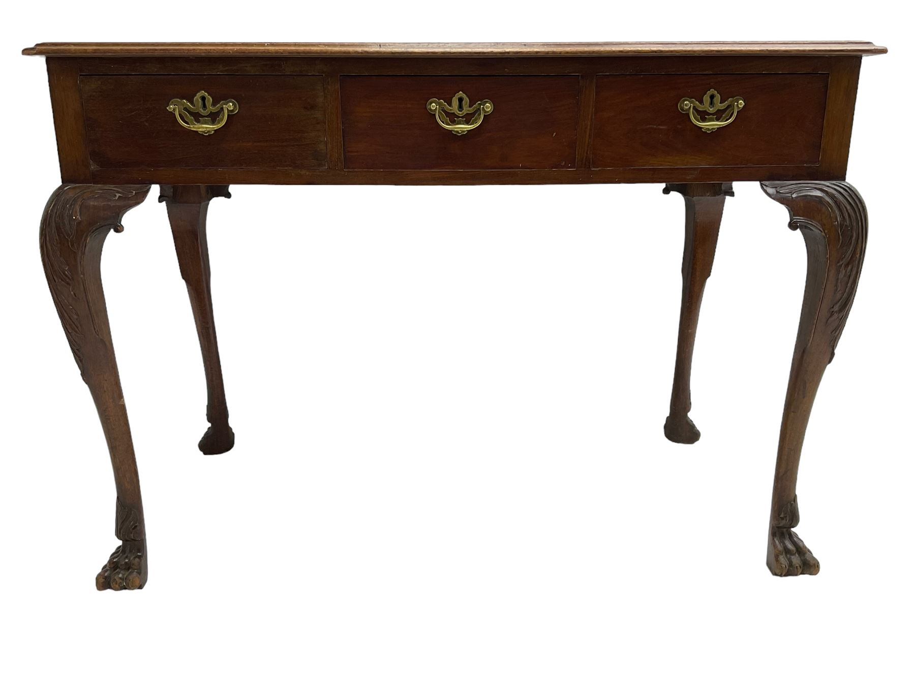 Late 19th century mahogany side table, moulded rectangular top over three drawers, pierced brass handle plates with swan neck handles, on acanthus carved cabriole supports with paw carved feet