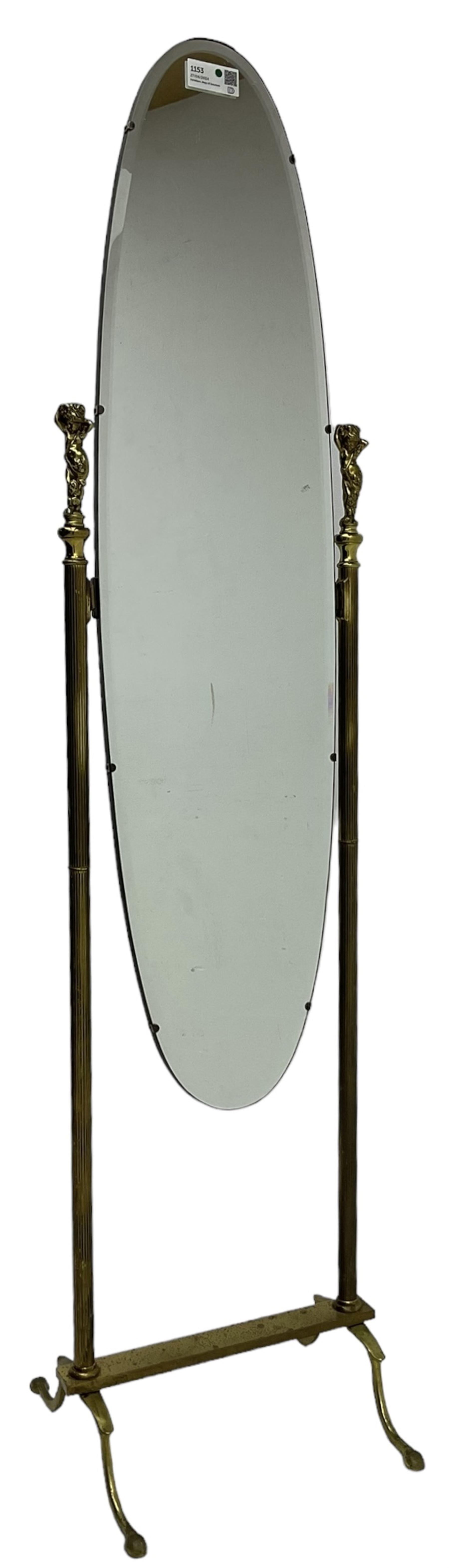 Late 20th century gilt metal cheval mirror, oval bevelled mirror on reeded supports with putti finials 