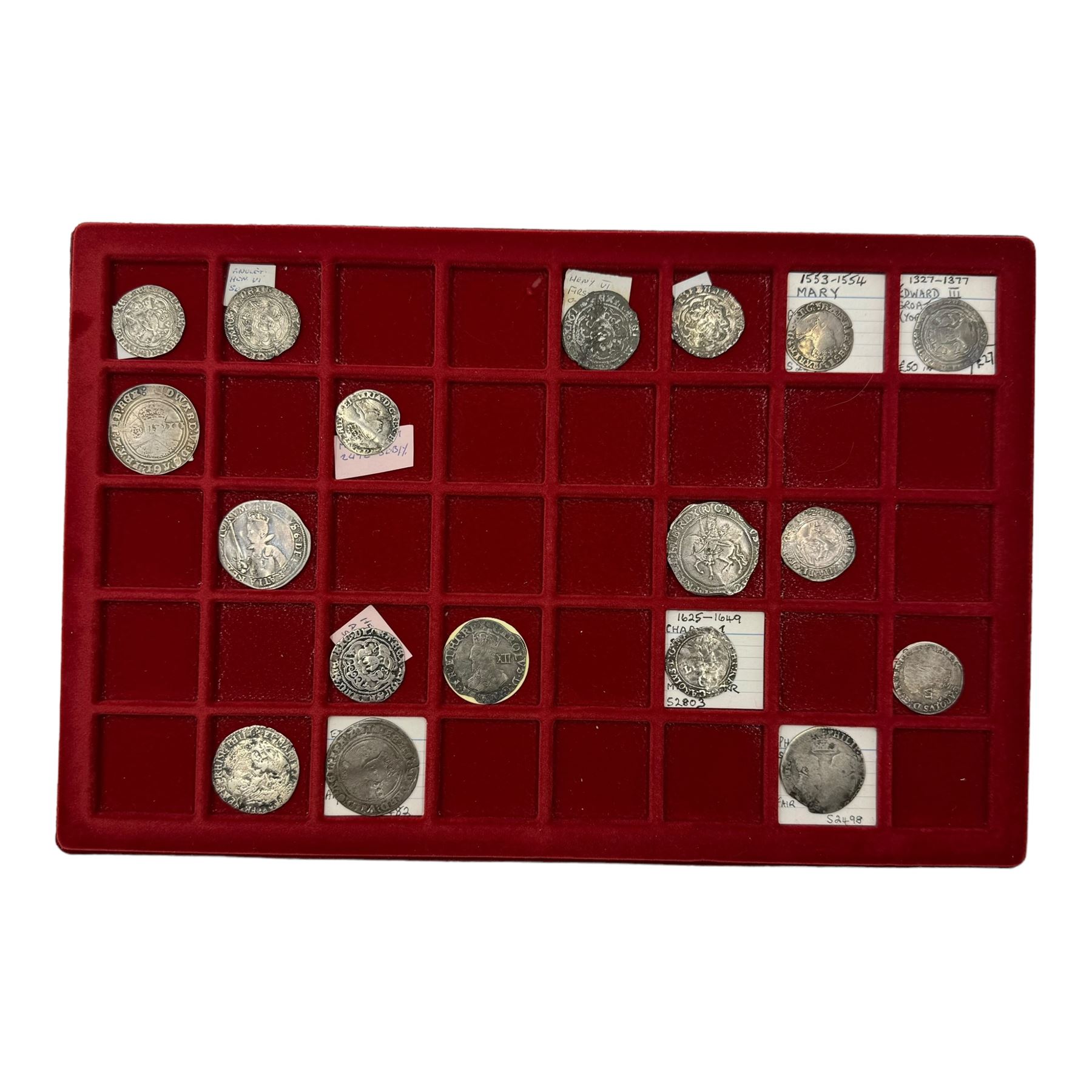 Silver coins, including Edward VI (1547-53) shilling, Philip and Mary shilling, Charles I (1625-49) sixpence and shilling etc, housed in a coin tray