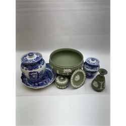 Wedgwood Jasperware stepped bowl, together with covered trinket box, vase and trinket dish, together with two Spode Italian pattern jars and dish