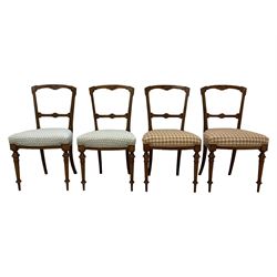 Set of five Victorian Aesthetic Movement inlaid walnut dining chairs, cresting rail and centre bar decorated with scrolling foliate inlays, raised on turned tapering supports with satinwood stringing