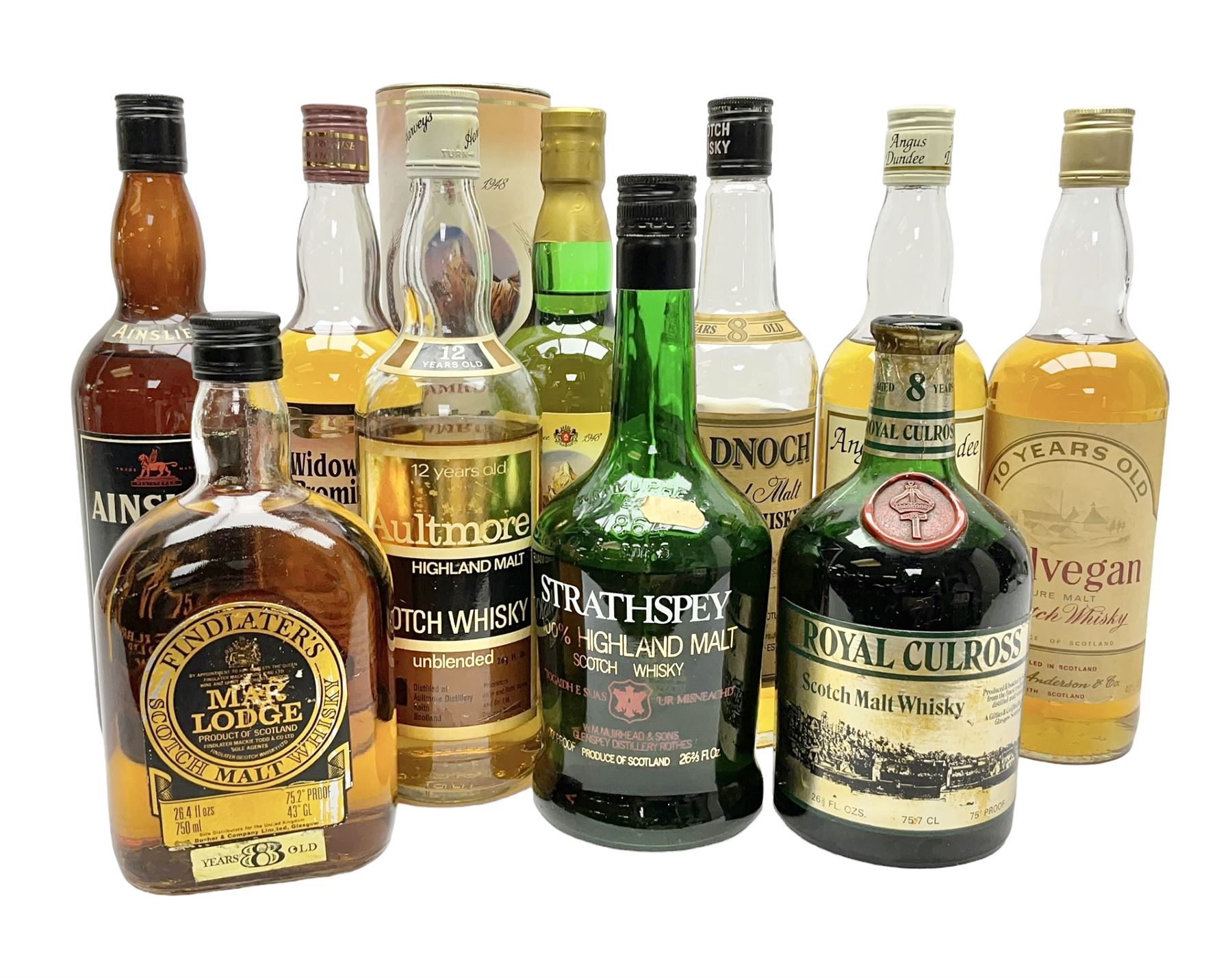 Nine Highland Malt Scotch Whiskys, including Royal Culross, Dalvegan, Angus Dundee etc, together with Amrut Indian Single Malt Whisky, verios contents and proof (10)