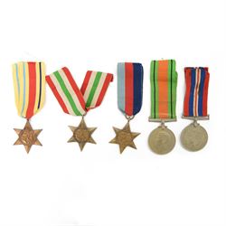 WWII set of five medals, comprising The 1939-1945 Star, The African Star, The Italy Star, ...