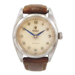 Rolex Oyster Precision stainless steel manual wind wristwatch, circa 1958, Ref. 6422, serial No. 331686, cream dial with Arabic numerals and blue steel hands, with guarantee card dated 17.10.59