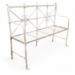 Regency wrought metal strapwork garden bench, moulded strap frame with scrolled back rails...