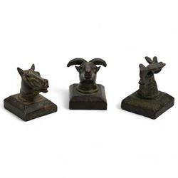 Three Chinese bronze Zodiac seals, comprising a Horse, Goat, and Rooster, H5cm (3)