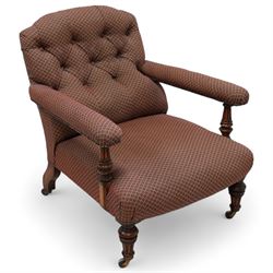 Late 19th century drawing room walnut framed open armchair, arched back over fluted and tu...