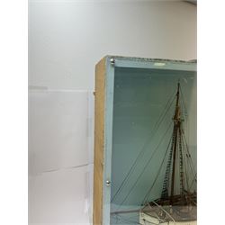 Scratch built model of a two-masted schooner, the red and white painted wooden body numbered GC-3-893, contained within wooden case, the interior painted in a light blue, with carry handle, excluding handle case H64.5cm, W67cm