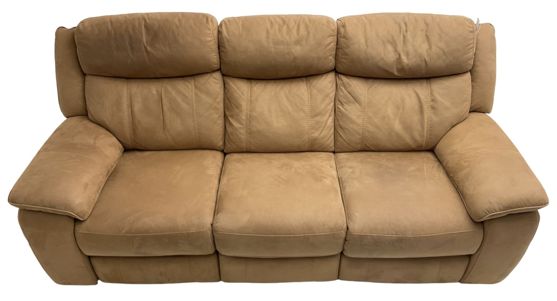 Electric reclining three-seat sofa (W213cm, H100cm) and matching armchair (W109cm) upholstered in brown fabric