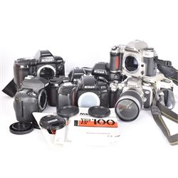 Collection of Nikon cameras, to include F60 serial no. 2574507, boxed, F70 serial no. 2807667, F75 serial no. 2062602, with an AF Nikkor 28-100mm 1:3.5-5.6 G lens serial no. 2166614, two F80 examples serial nos. 2553343 & 2777869, two F90X examples serial nos. 2209737 & 2438888, one boxed and an F100 serial no. 2051550