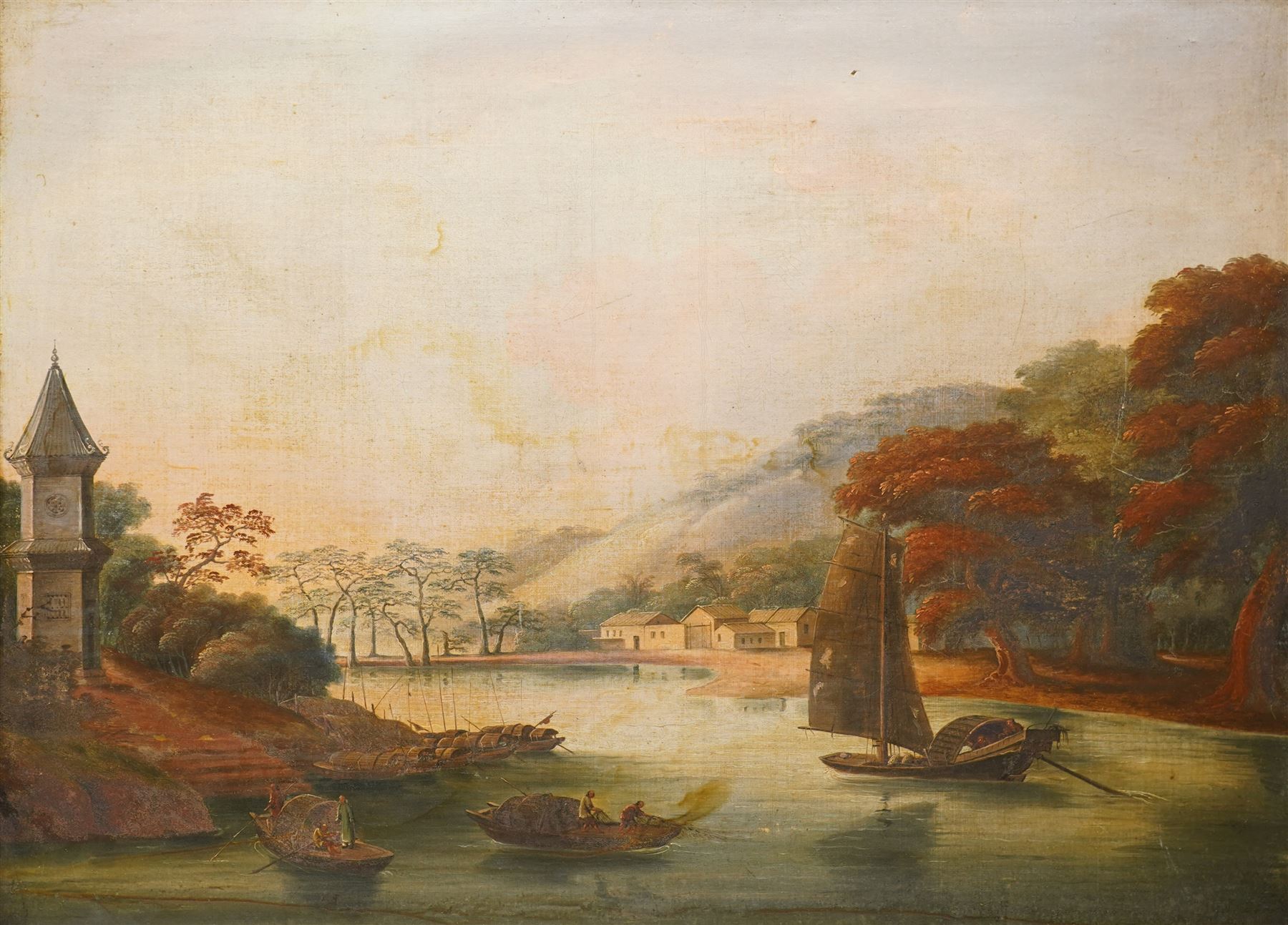 Anglo-Chinese School (Late 18th to Early 19th century): Figures Net Fishing in a Chinese Water Landscape, oil on canvas unsigned 58cm x 79cm