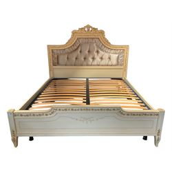 Barnini Oseo - super king 6' 'Reggenza' bedstead, the headboard with a pierced cartouche pediment with extending scrolling foliage, decorated with trailing gilt flower heads, upholstered in buttoned lilac velvet, raised on cabriole feet, in a cream finish