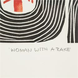 Hilke MacIntyre (German/Scottish Contemporary): 'Woman with a Rake' and 'Big Moon', pair woodblock prints signed titled and numbered 3/50 in pencil 39cm x 29cm (2)