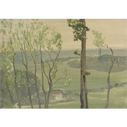 Circle of Sir Walter Thomas Monnington (British 1902-1976): View Across the Hills, oil on board unsigned, inscribed verso 24cm x 34cm  