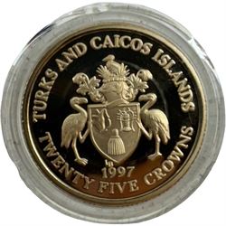 Queen Elizabeth II Turks and Caicos Islands 1997 twenty-five crowns gold coin, in Westminster case with certificate