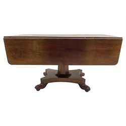 Victorian mahogany supper table, rectangular drop-leaf top with rounded corners, tapered octagonal column on concaved rectangular platform with splayed shaped feet