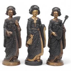 Three metal Japanese Geisha figures, H41cm (3)