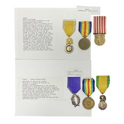 WWI French and Belgian Victory Medals and 1914-1918 Commemorative Medal; Palmes Universitairs Class II Officier D'Acadamie Medal; and two French Medaille Militaire; all with ribbons (6)