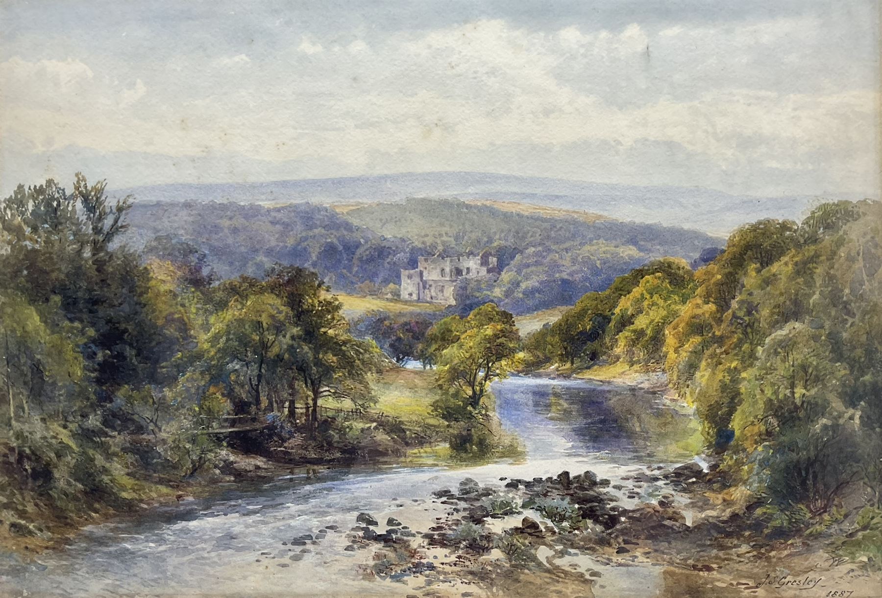 James Stephen Gresley (British 1829-1908): River Landscape, watercolour signed and dated 1887, 38cm x 55cm