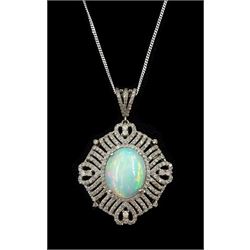 Silver opal and diamond pendant necklace , opal approx 5.20 carat, total diamond weight approx 2.05 carat