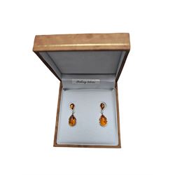 Pair of silver Baltic amber pendant earrings, stamped 925, boxed 