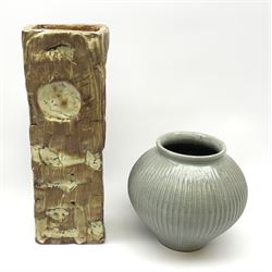 Rectangular studio pottery vase, marked KD to the base, H31cm and a smaller blue glazed vase by Andrew Crouch (born 1982) with impresses seal mark beneath, H16cm