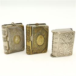 Victorian and later silver-plated vesta cases including three formed as books, another with a crown form hinged cover and others (13)