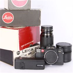 Leica R4 SLR camera body, serial no. 1609604, together with  with Leitz Vario Elmar-R 1:4 5/75 - 200mm and Elmarit -R 1:2 8/35mm lenses, and Motor Winder R4 14282, all in original boxes